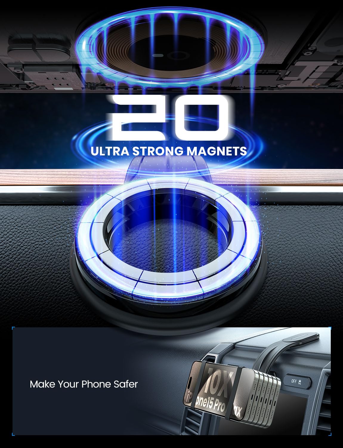 eSamcore MagSafe Car Mount - 20 Magnets, Bendable Aluminum Arm for iPhone 16/15/14/13 | Secure Dash Phone Holder for Driving