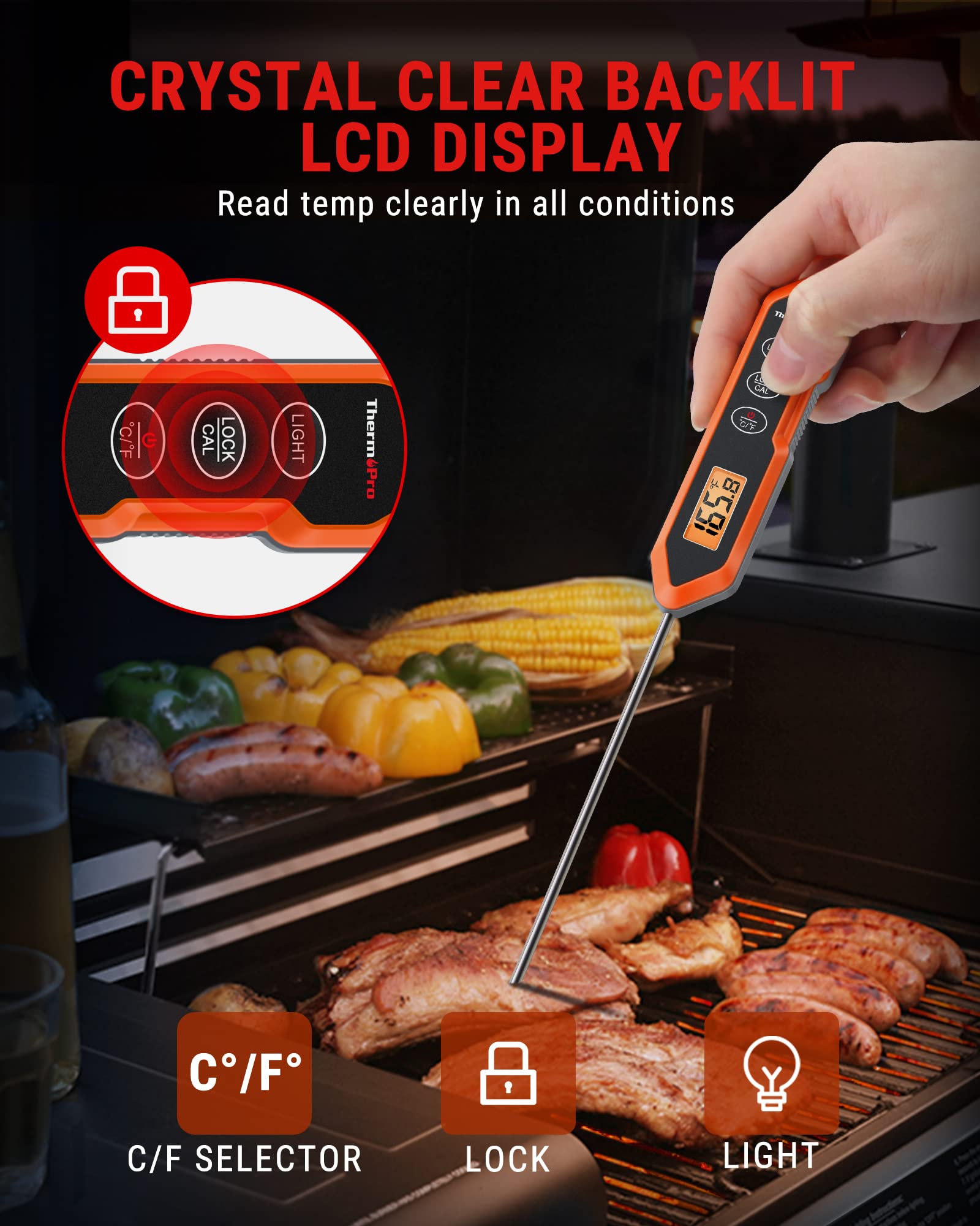 ThermoPro TP15H Waterproof Digital Meat Thermometer - Instant Read Food Thermometer with Backlight & Calibration for Cooking, Grilling, Baking - Perfect for Meat, Liquids, Candy, BBQ, Oven, Turkey & More
