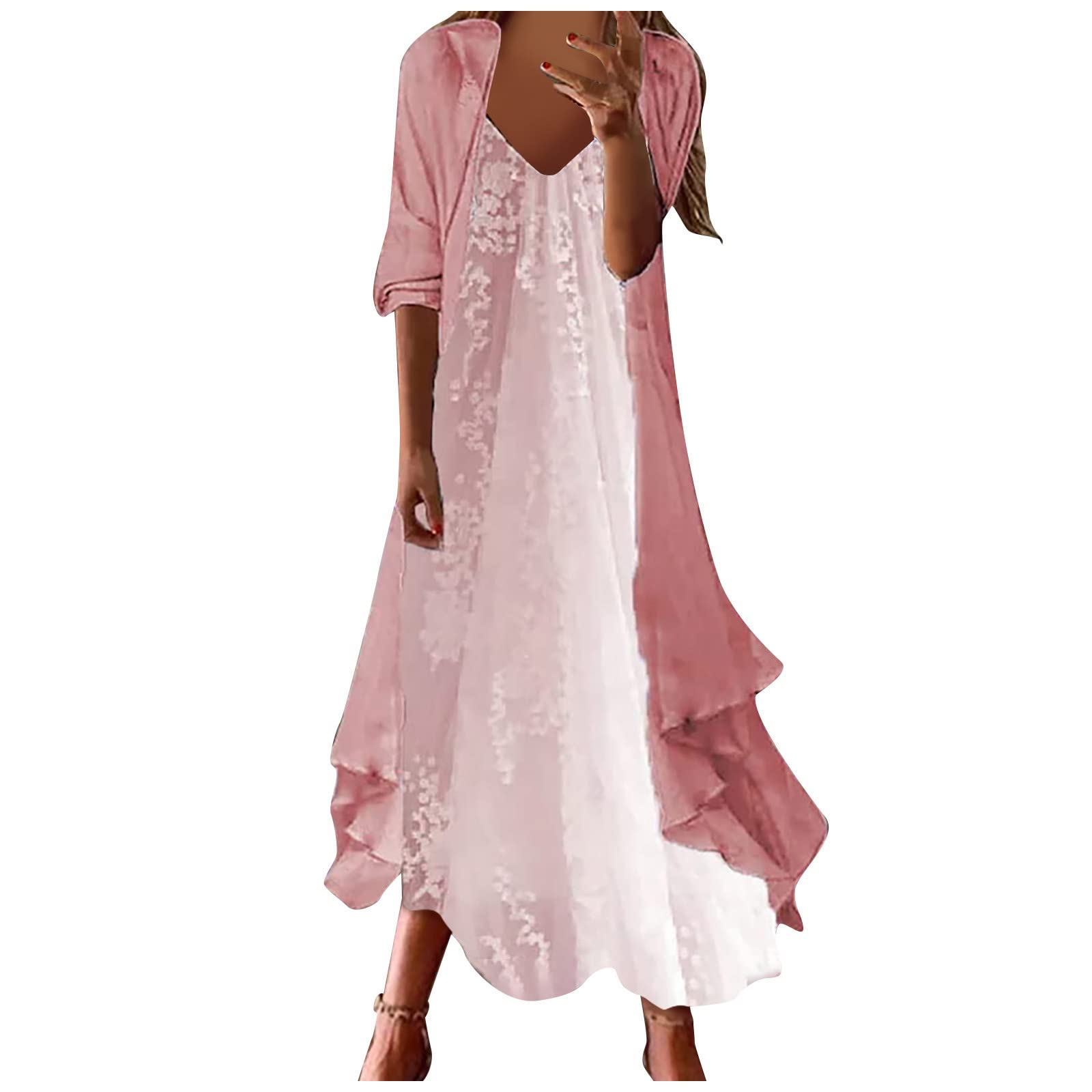 Women's Casual Fashion Print V-Neck Two Piece Set - Summer Maxi Dress (Pink, Size M) | Beach Vacation, Party Outfit, Date Night Dress
