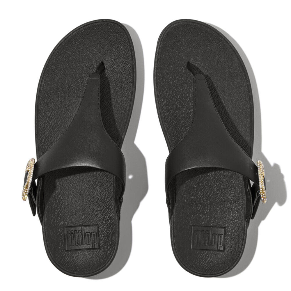 FitFlop Lulu Crystal Buckle Leather Toe Post Sandals for Women - Comfortable Black Summer Flip Flops for Beach, Pool & Casual Outings