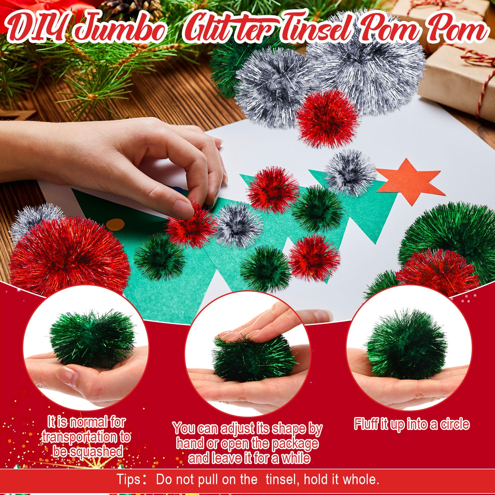 150 Pcs Large Glitter Tinsel Pom Poms (2.5