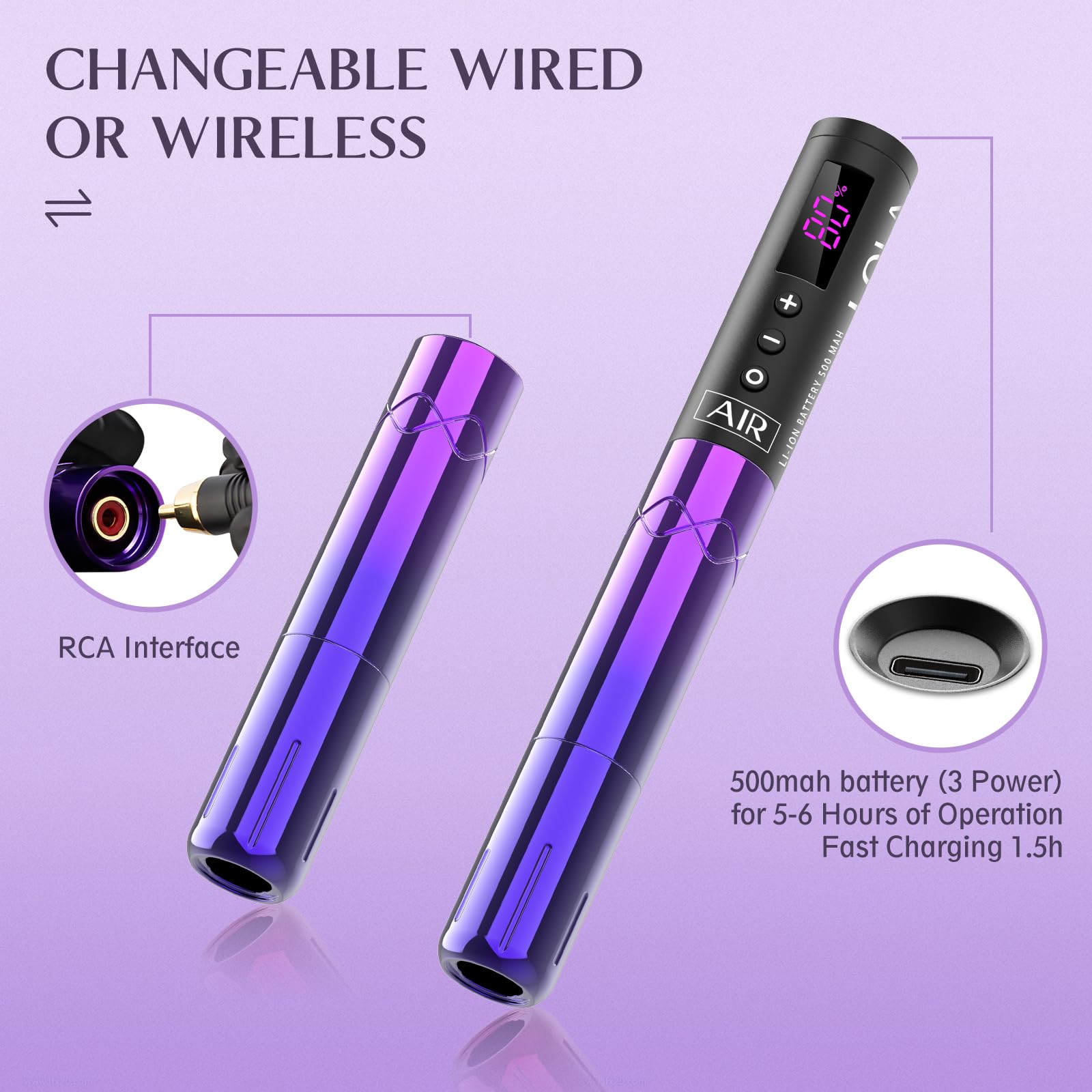 Professional EZ Wireless Tattoo Machine Kit - Permanent Makeup Pen with 3 Rechargeable Batteries, Rotary Tattoo Gun for Cartridge Needles - Ideal for Tattoo Artists & Beginners (LOLA AIR Purple Gradient) - Perfect for Eyebrow Microblading, Lip Contouring & Body Art Tattoos