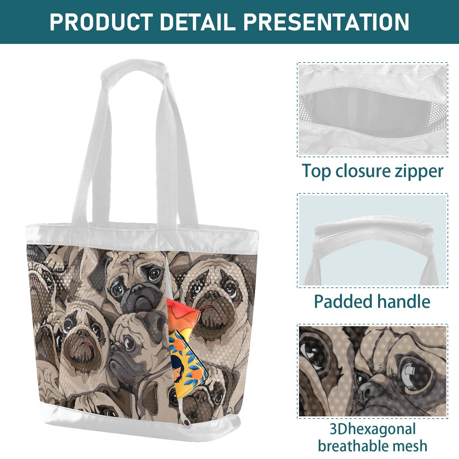 J JOYSAY Portrait Pugs Mesh Beach Tote Bag - Large Waterproof & Sandproof Carry On Bag for Women - Perfect for Beach, Work, Training, Hiking & Outdoor Activities