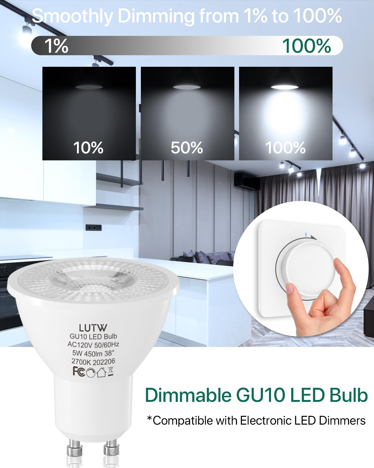 Dimmable GU10 LED Light Bulbs - 6 Pack, 40W Halogen Equivalent, 6000K Cool White, 450 Lumen MR16 Spotlights with 38° Beam Angle | Perfect for Recessed & Track Lighting in Homes, Offices, and Retail Stores
