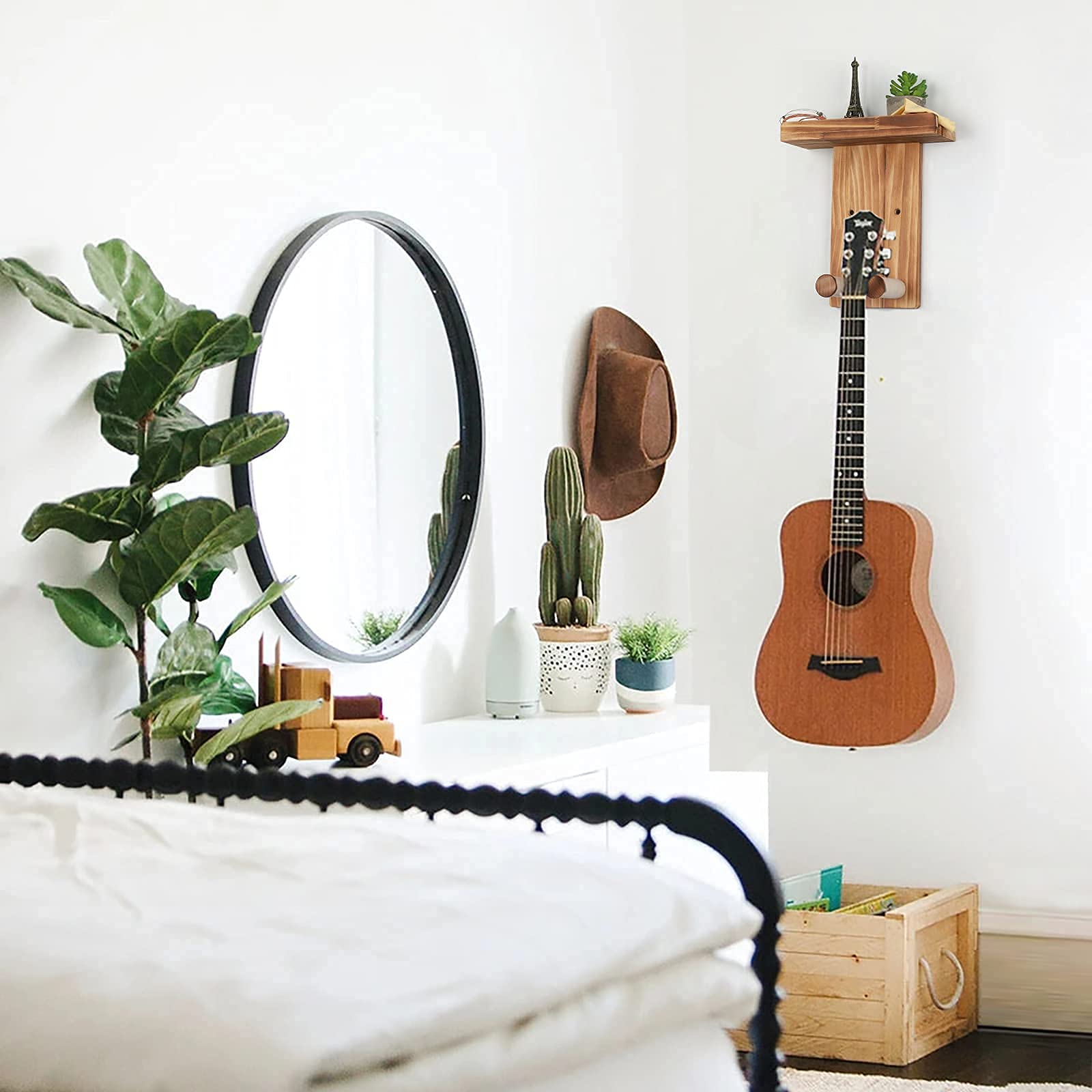 Premium 2-Pack Keebofly Guitar Wall Hangers - Solid Pine Wood Wall Mount Holder with Pick Storage for Acoustic/Electric Guitar, Bass, Ukulele & Mandolin - Space-Saving Instrument Display for Home, Studio & Music Classroom (Brown, Patented Design)