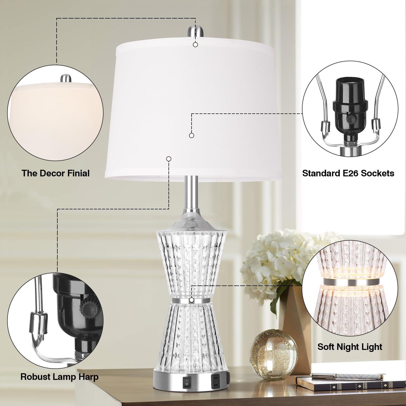 Modern LED Table Lamps Set of 2 with USB Charging Ports & AC Outlet - White Shade Nightstand Lamps for Bedroom, Living Room, Office - Includes Energy Efficient Bulbs (Perfect for Reading, Charging Devices & Ambient Lighting)