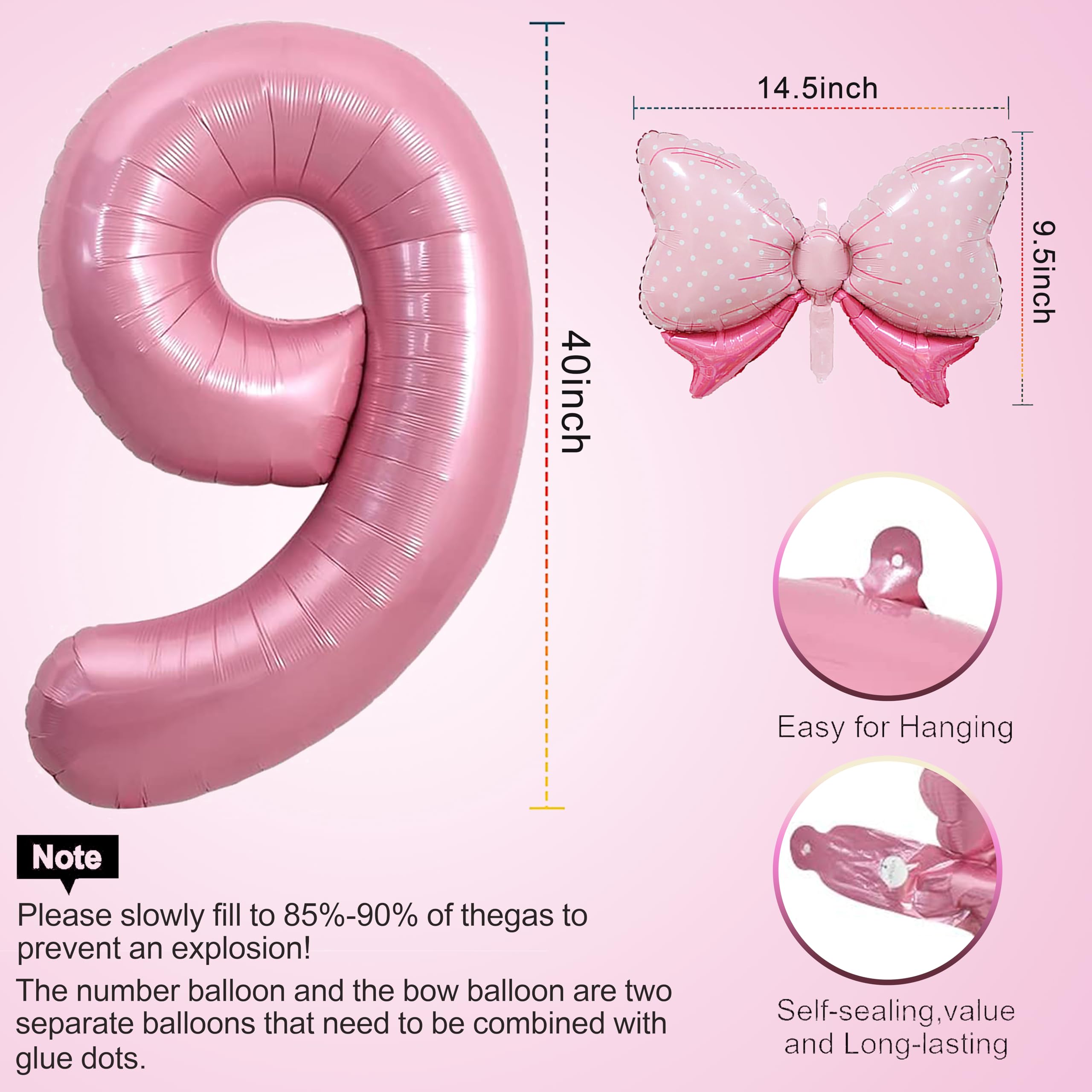 40 Inch Pink Number 9 Balloon & Mini Bow Balloon Set - 9th Birthday Party Decorations for Girls, Pink Theme Party Supplies - Perfect for Birthday Decor, Baby Showers, Gender Reveals & Photo Backdrops