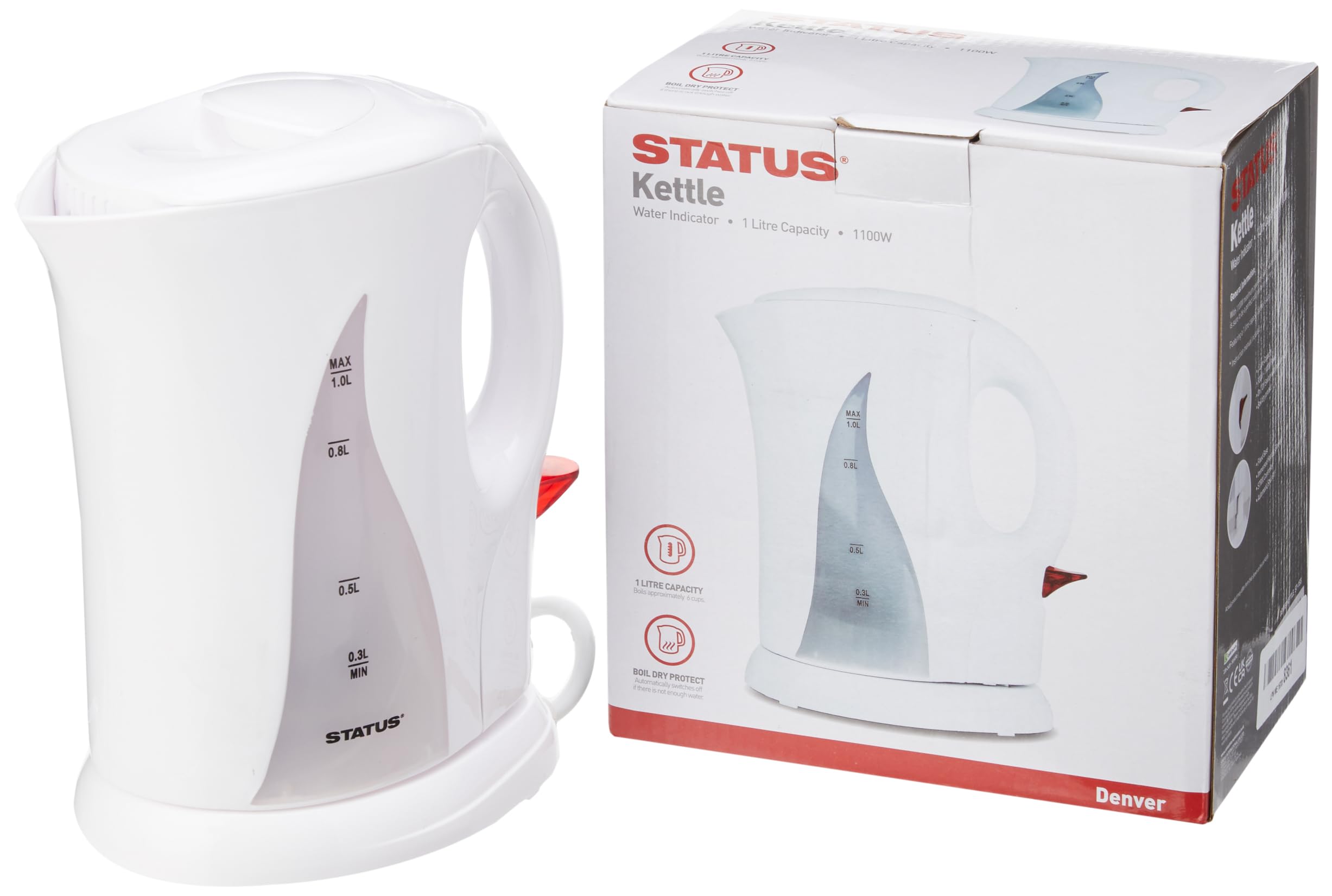 STATUS Denver Electric Water Kettle - 1 Liter Stainless Steel Tea Kettle with Auto Shut-Off - White for Home, Office & Dorm Use - Perfect for Boiling Water for Tea, Coffee & Instant Meals
