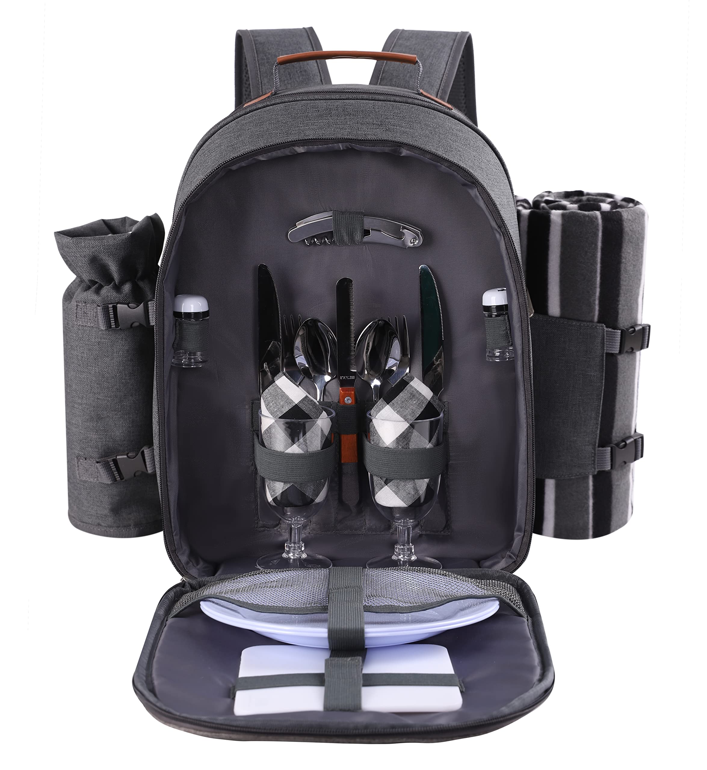 Apollo Walker 2 Person Picnic Backpack Set with Insulated Cooler Compartment, Removable Wine Bottle Holder, Soft Fleece Blanket & Complete Cutlery Kit - Perfect for Outdoor Picnics, Beach Trips and Camping (Dark Gray)