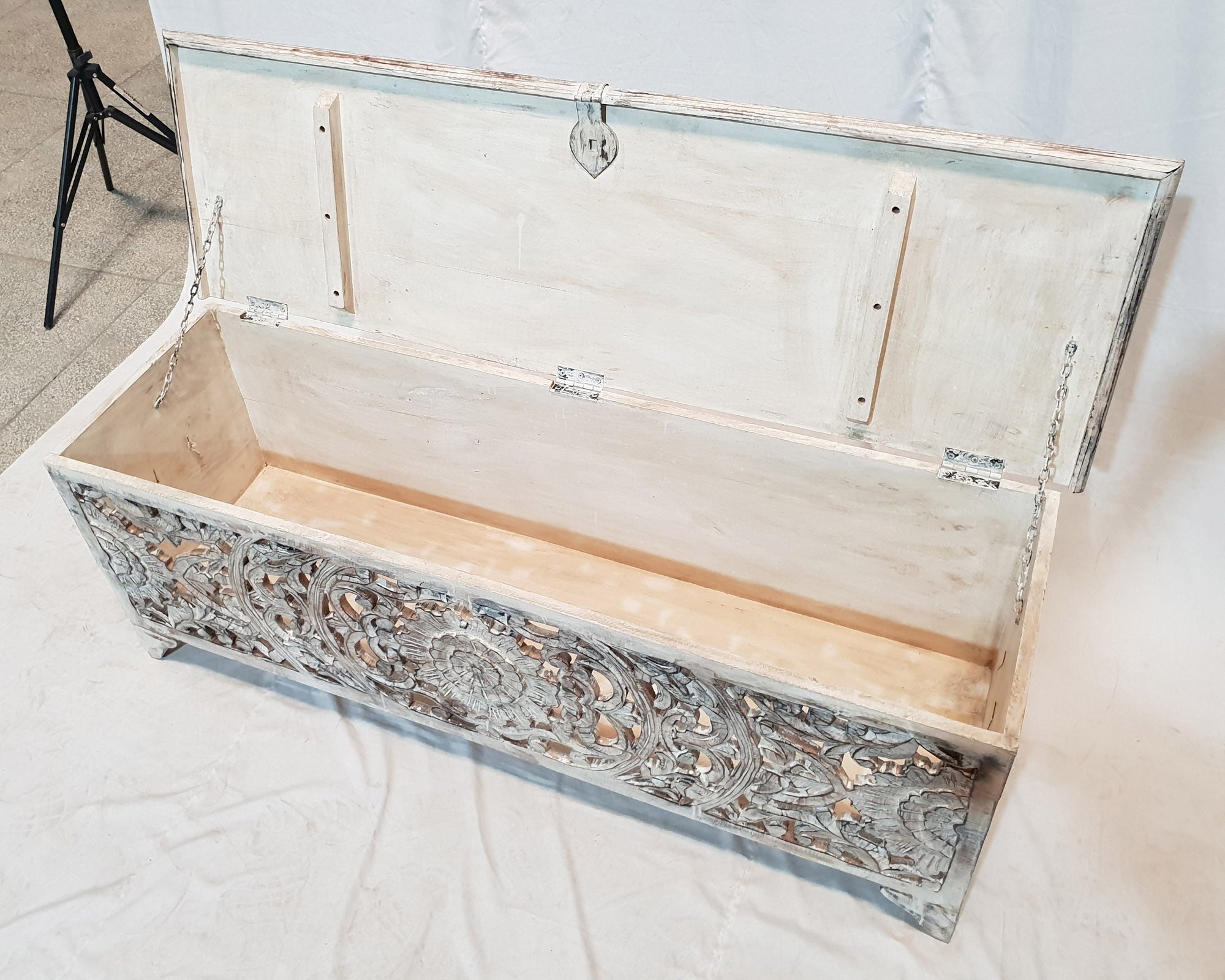 French Hand Carved Blanket Box - Whitewashed Rustic Storage Chest 55x17x20 Inches - Perfect for Bedroom, Living Room & Farmhouse Decor