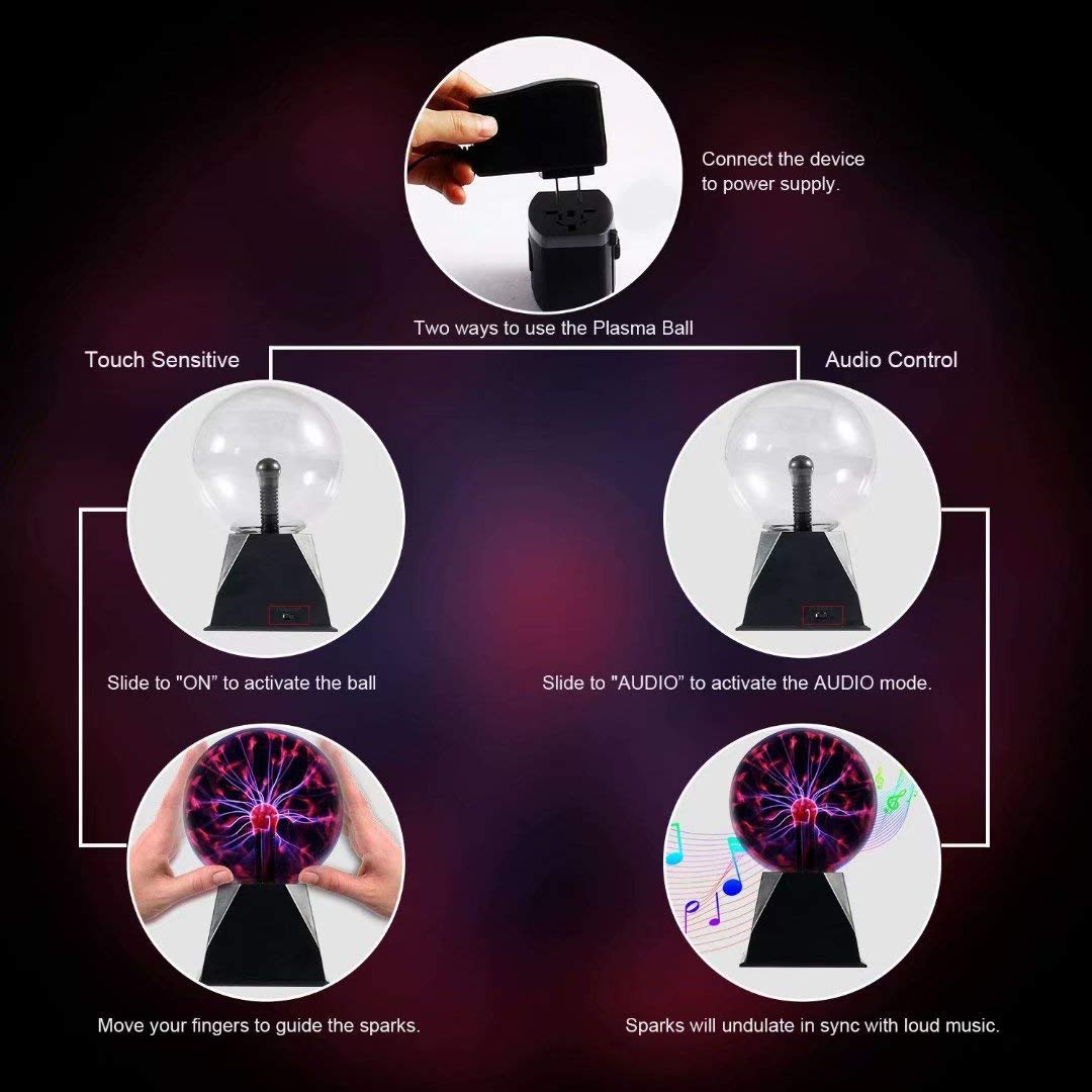 Hooyi 6 Inch Magic Plasma Ball Touch & Sound Sensitive - Lightning Globe Lamp with Nebula Effect, Science Desk Decor, Cool Night Light for Bedroom, Office, Party & STEM Gifts