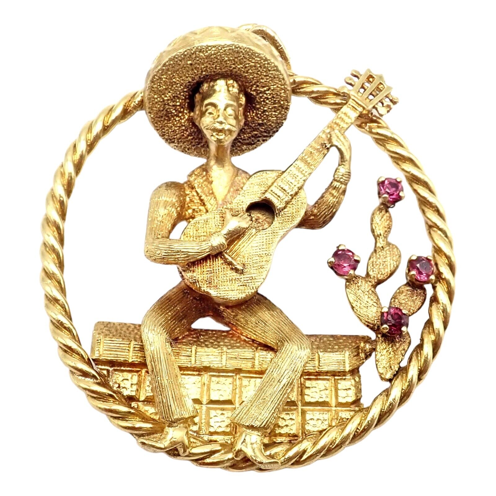 Authentic Rudi Cherny 18k Yellow Gold Guitar Player Cactus Ruby Pendant Necklace - Perfect for Music Lovers & Western Style Jewelry Gifts