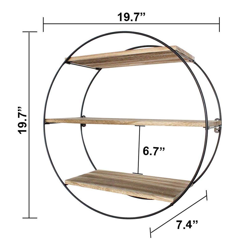 Rustic Floating Shelves - 3 Tier Geometric Wall Shelf Decor, Wood & Metal Farmhouse Style for Bedroom, Living Room, Kitchen & Office | Perfect for Displaying Books, Plants & Home Decor (Round)