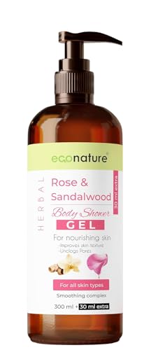 Econature Luxury Bath & Shower Gel for Women & Men - 330ML Rose & Sandalwood Scented Body Wash | Moisturizing & Refreshing for Daily Skincare Routine & Spa Experience at Home