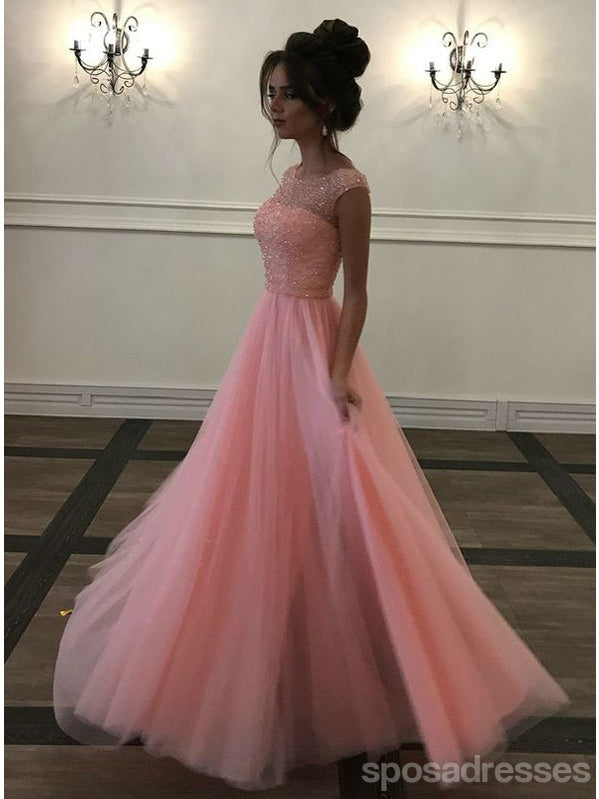 Elegant Pink A-Line Jewel Maxi Long Prom Dress for Women - Formal Evening Gown with Beading - Perfect for Homecoming, Wedding, and Special Occasions