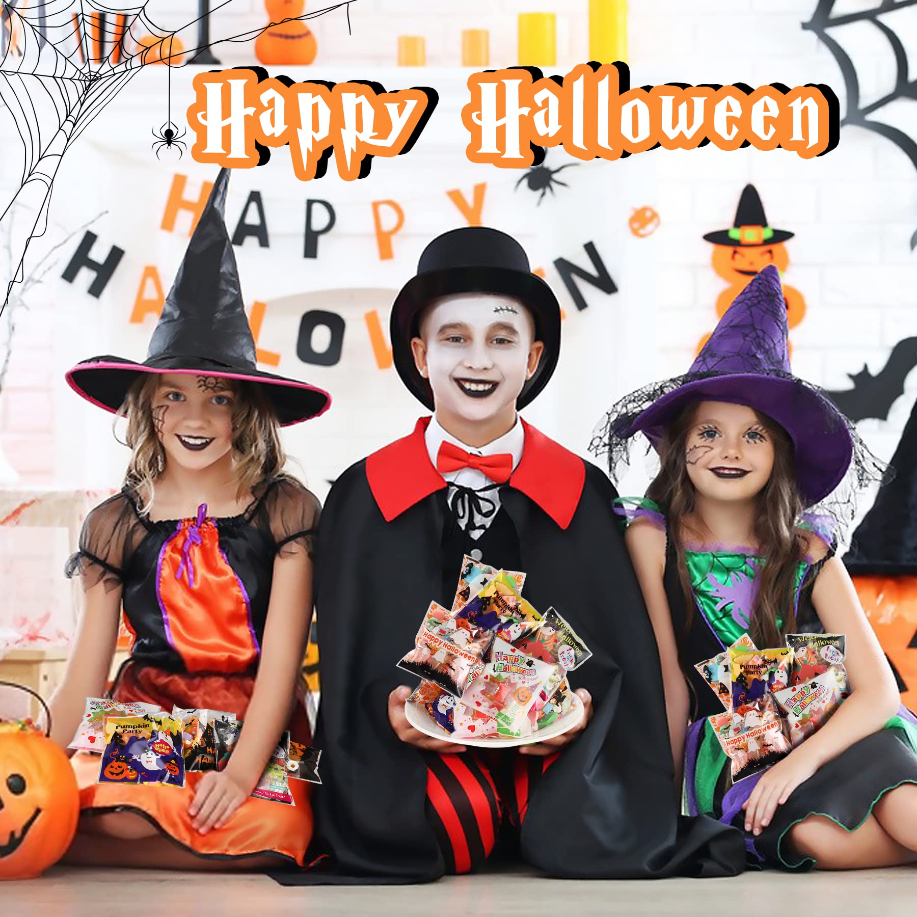 FEBSNOW 450 PCS Halloween Candy Bags - Self-Adhesive Cellophane Treat Bags for Trick or Treat, Christmas Party Favors, Holiday Gift Wrapping & DIY Crafts - Perfect for Classroom Treats, Birthday Party Favors & Homemade Cookie Packaging