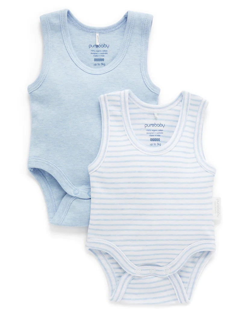 Purebaby Organic Cotton Ribbed Bodysuit 2-Pack - Soft & Breathable Baby Onesies for Newborns & Infants - Pale Blue - Perfect for Everyday Wear, Playtime & Sleep