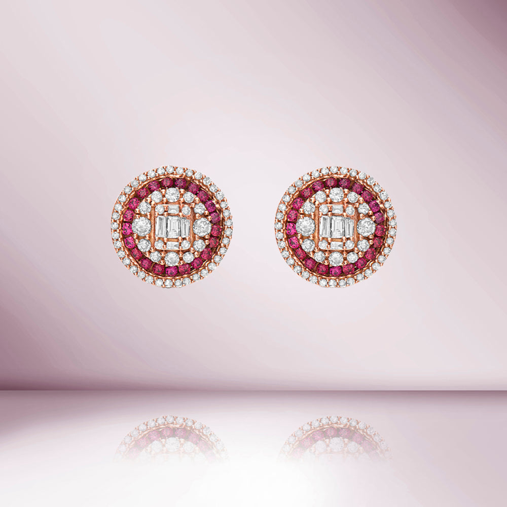 14K Gold Triple Halo Diamond & Ruby Round Stud Earrings (1.20 ct) - Perfect for Weddings, Anniversaries & Special Occasions