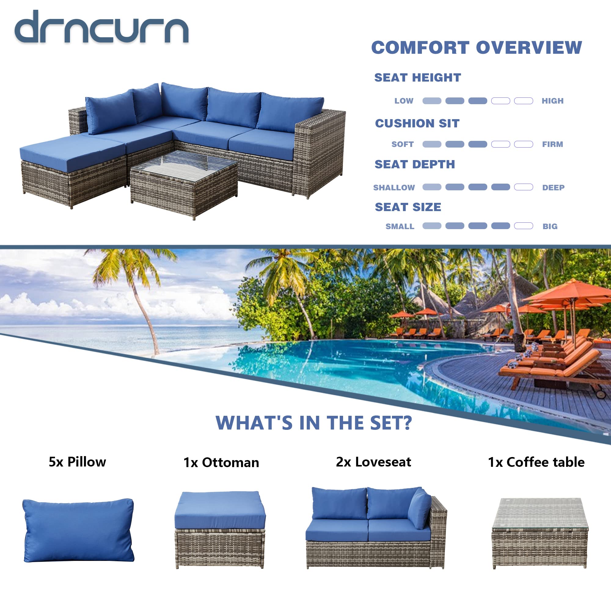 All-Weather Outdoor Sectional Sofa Set - PE Rattan Patio Furniture with Cushions & Coffee Table (Blue) - Perfect for Backyard, Poolside & Garden Relaxation
