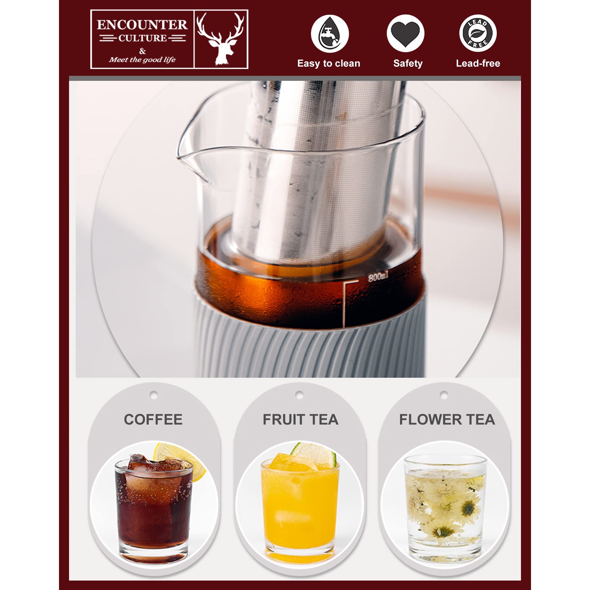 Premium Cold Brew Coffee Maker - 800ml/27oz Heat-Resistant Glass Pitcher with Airtight Lid & Cleaning Brush for Iced Coffee, Tea, Juice & Fruit Infusions | Portable Iced Tea Maker for Home, Office & Outdoor Use