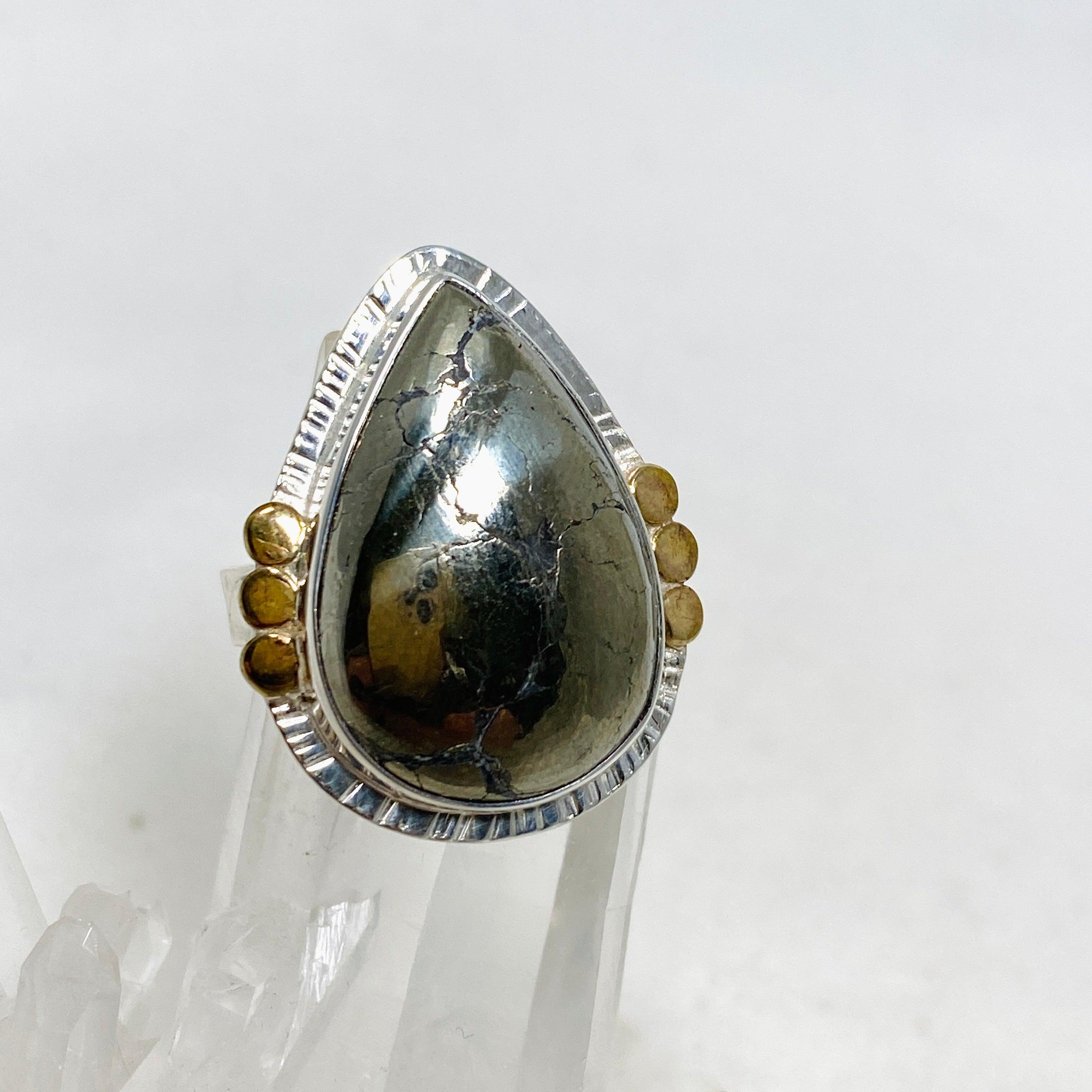 Healer's Gold Teardrop Ring with Brass Accents - Size 10 - KRGJ3197 - Perfect for Spiritual Healing, Meditation & Boho Fashion