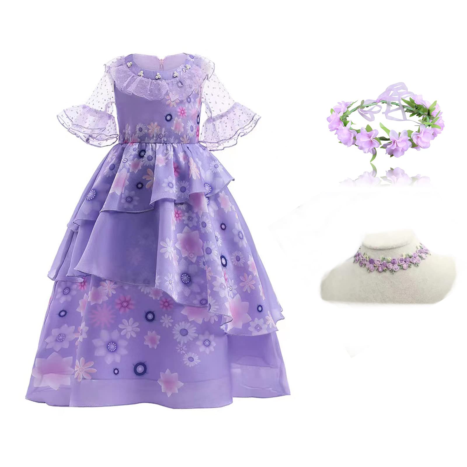 Encant Costume Isabella Mirabel Dolores Pepa Dress with Floral Wreath - Kids Princess Cosplay Outfit for Halloween, Birthday Parties & Dress-Up Play