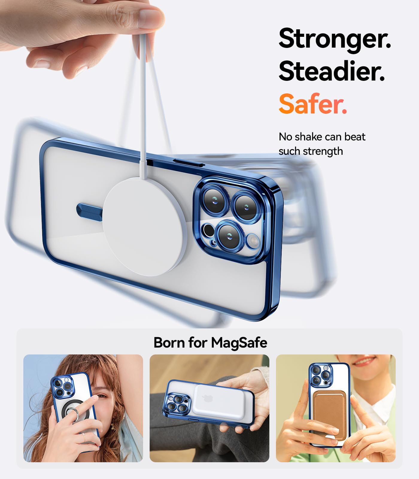 Meifigno Candy Mag Series Magnetic Case for iPhone 15 Pro Max - Magsafe Compatible, Glitter Card & Wrist Strap Included, Full Camera Lens Protection - Deep Blue Women's Phone Case | Perfect for Everyday Use, Travel, and Gift Giving