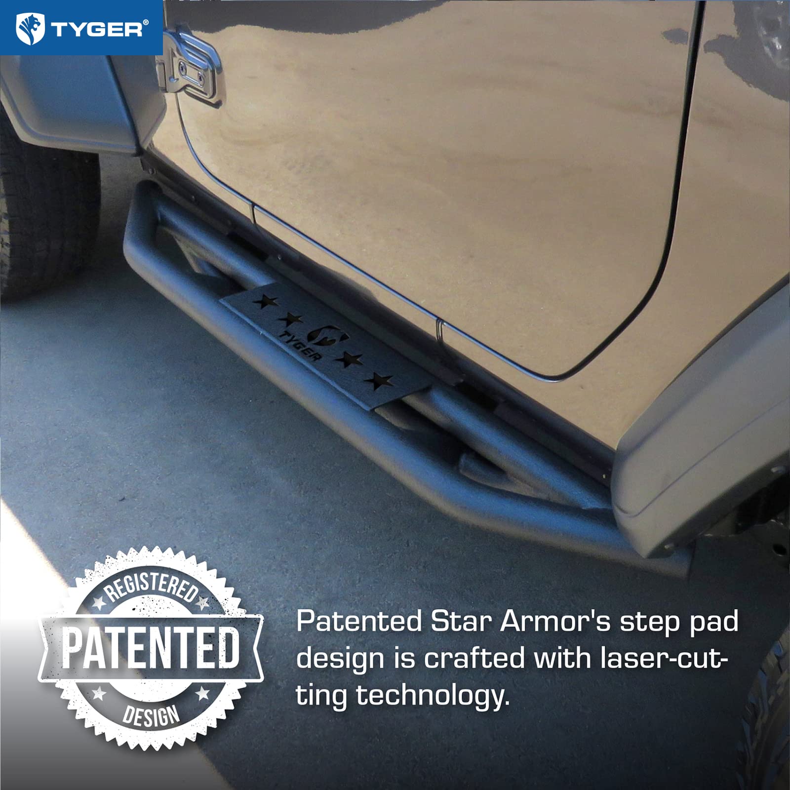 Tyger Auto Star Armor Side Step Rails for 2018-2024 Jeep Wrangler JL 2-Door (Excludes JK) | TG-JA2J2289B | Nerf Bars Running Boards - Off-Road Protection & Easy Entry/Exit