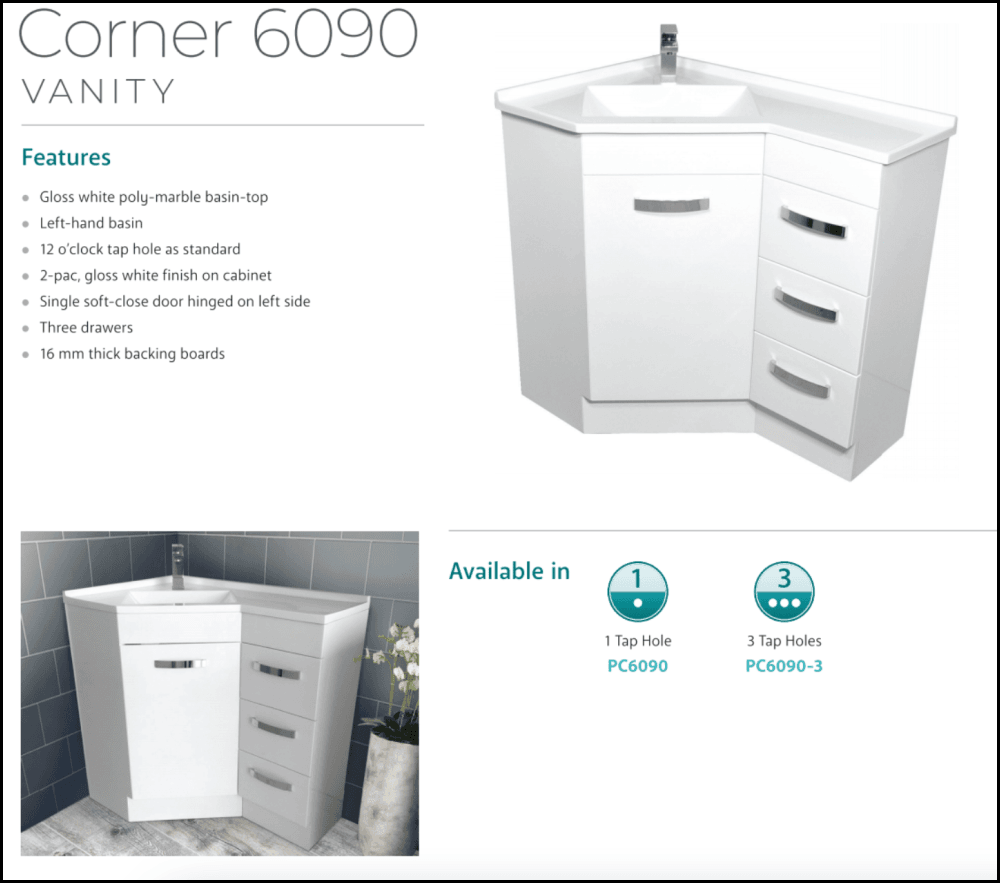 Fienza PC6090 White 600x900mm Corner Vanity Unit - Perfect for Small Bathrooms & Modern Home Decor
