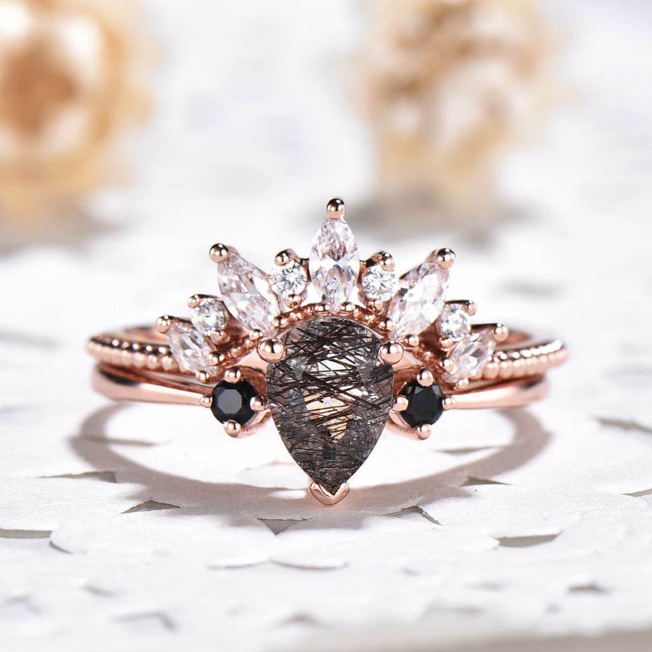 Pear Black Rutilated Quartz Bridal Ring Set in White Gold with Diamond Cluster - Elegant Engagement & Wedding Jewelry for Brides, Anniversary Gifts, and Special Occasions