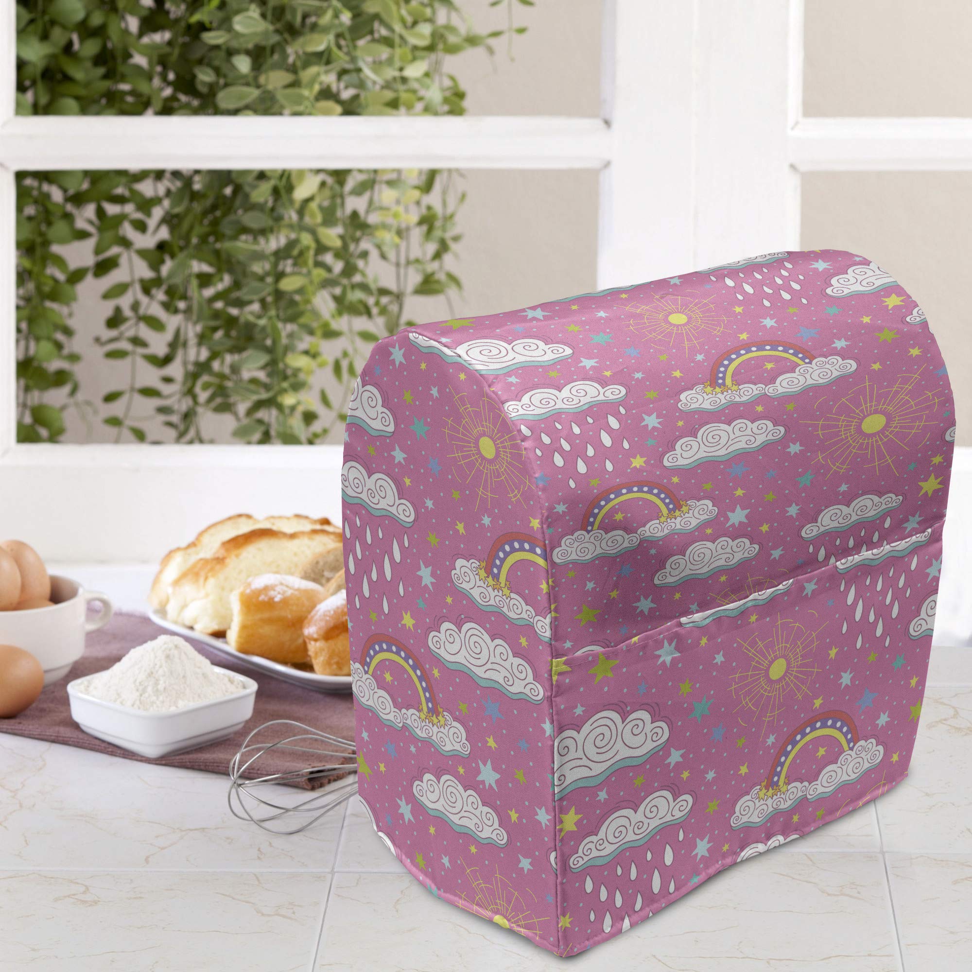 Ambesonne Rain Stand Mixer Cover - Doodle Style Pattern with Rainbows, Rainy Clouds & Colorful Stars - 6-8 Quart Kitchen Appliance Organizer with Pocket - Multicolor - Perfect for Kitchen Organization & Mixer Protection