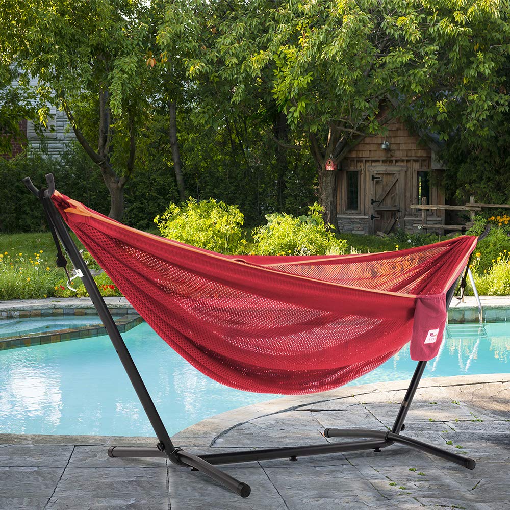 Vivere C9MESH-46 Double Hammock with Steel Stand - Peach & Punch Color - Outdoor Patio, Backyard, Camping & Beach Relaxation