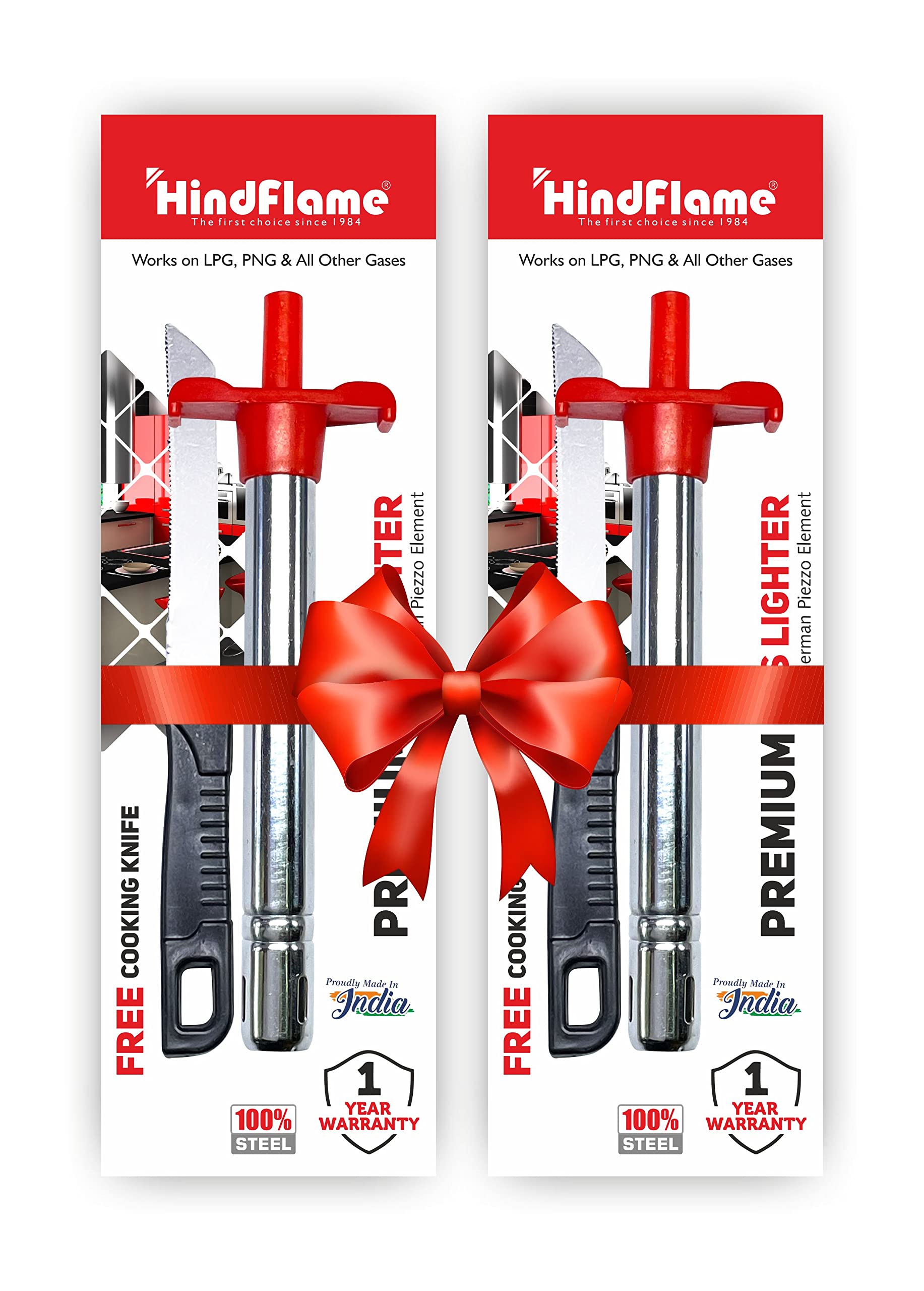 Premium Hindflame Kitchen Gas Lighter with Free Chef Knife - 2-Piece Set (Silver) | Perfect for Grilling, Camping & Home Cooking Accessories