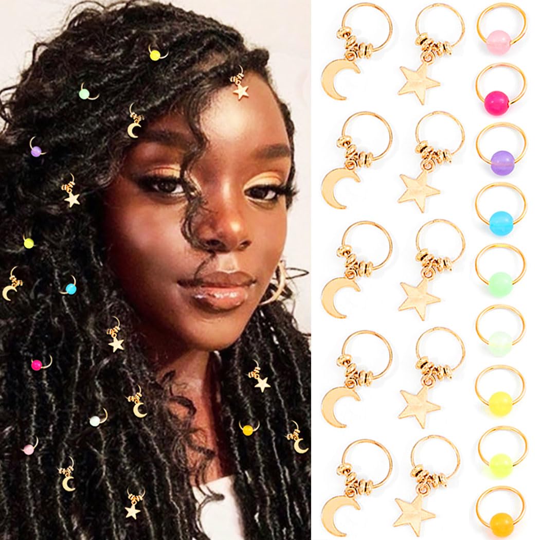 Formery Star & Moon Hair Charms - 19pcs Gold Braid Hair Rings with Colorful Beads, Loc Jewelry Clips for Women - Perfect for Boho Hairstyles, Festivals & Everyday Accessories