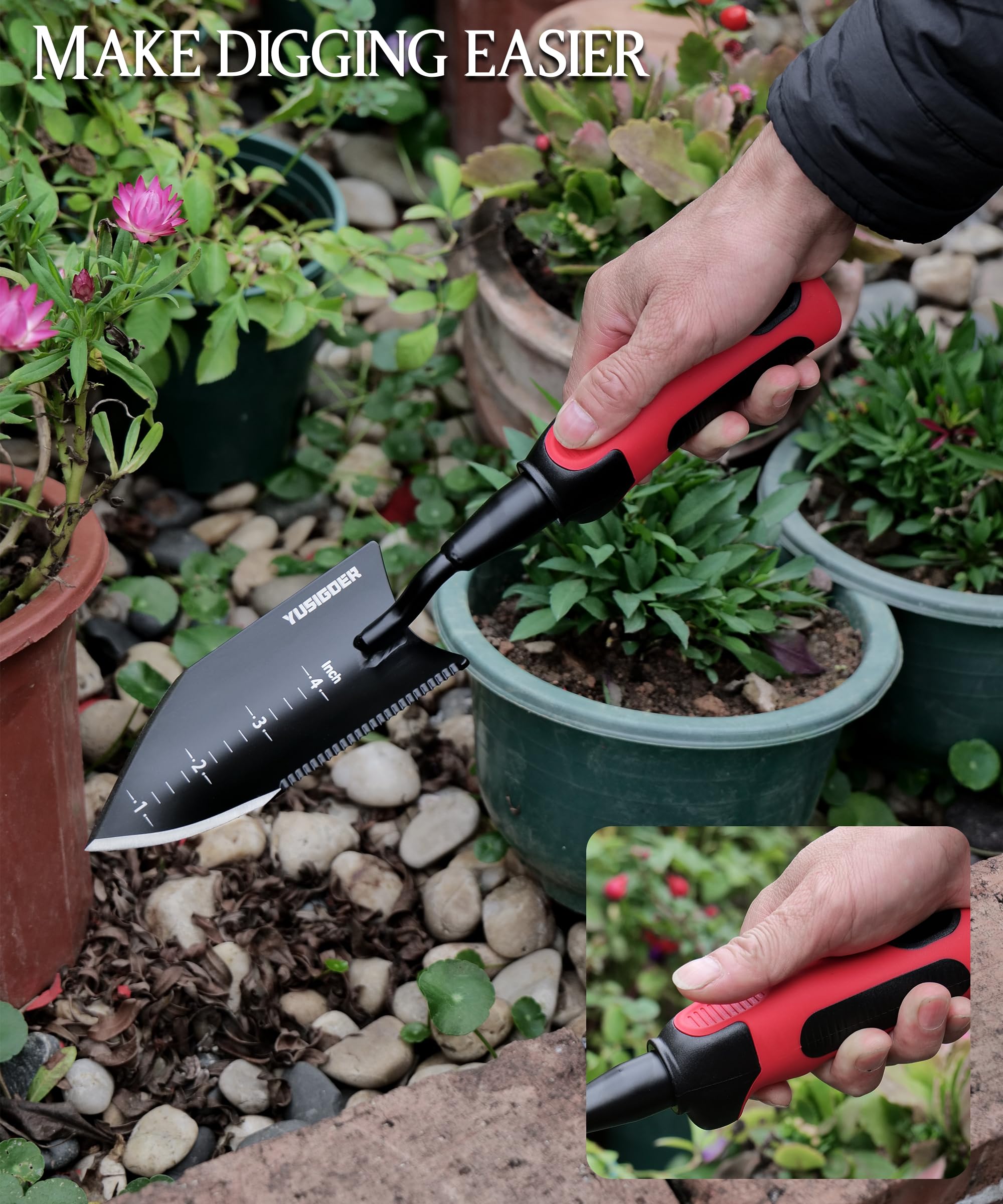 Premium Stainless Steel Garden Hand Tools Set - Heavy Duty Planting Trowel & Weeding Shovel with Ergonomic Red Handle - Ideal for Gardening, Landscaping, Planting Flowers & Vegetables