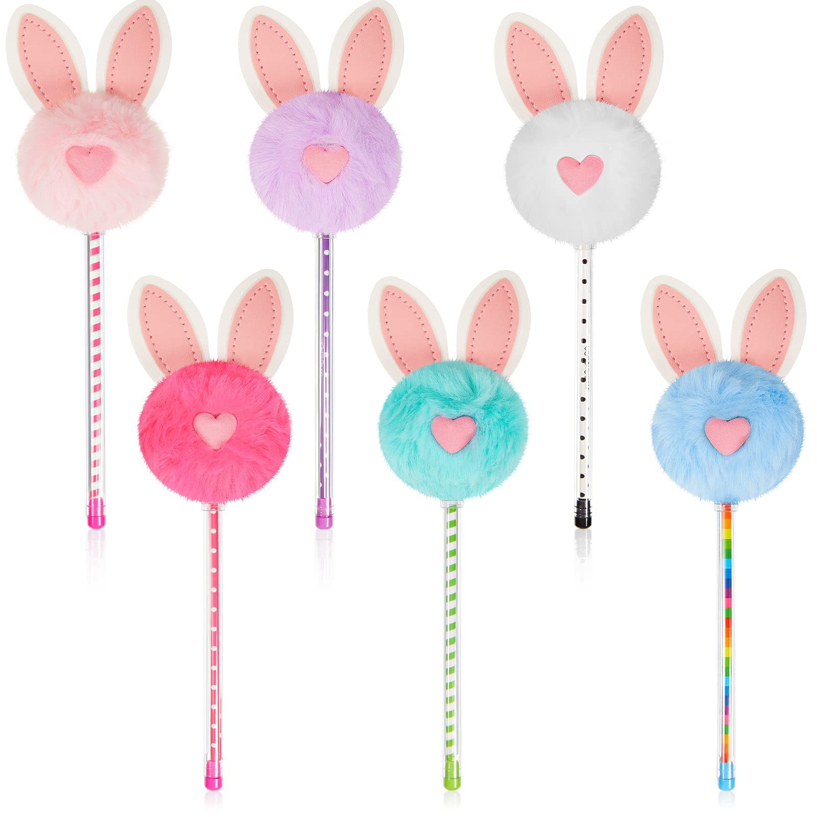 6-Piece Fluffy Bunny Pom Pom Pen Set - Cute Kawaii Ballpoint Pens with Black Ink for Kids, Girls, School, Office - Perfect for Graduation Gifts, Birthday Party Favors & Stationery Lovers (Use in Classrooms, Study Sessions, Creative Writing & Gift Giving)