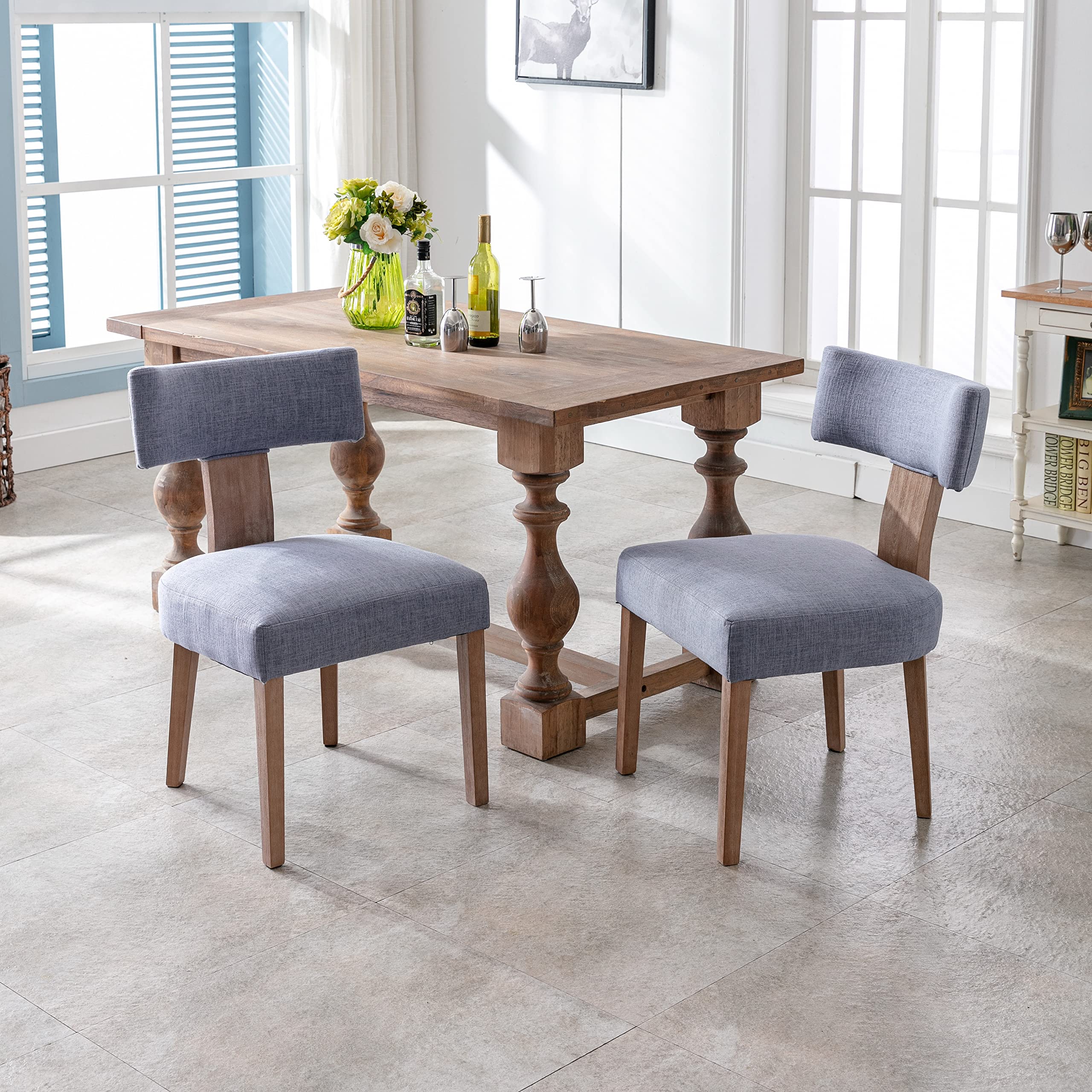 RIVOVA Farmhouse Dining Chairs Set of 2 - Linen Upholstered Solid Wood Legs Parsons Chairs for Kitchen, Dining Room & Breakfast Nook - Blue Accent Chairs