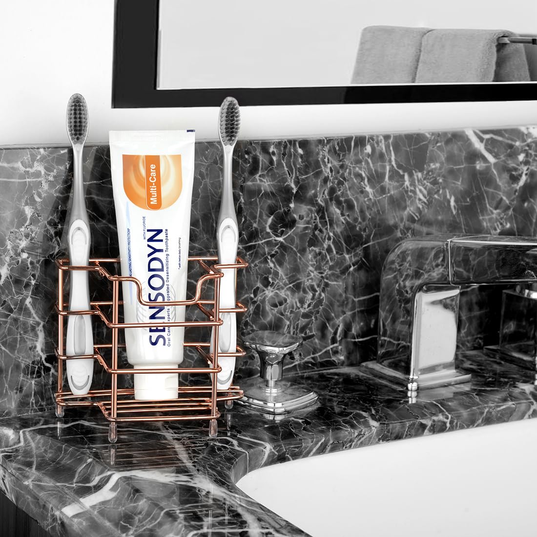 Stainless Steel Wall Mount Toothbrush Holder for Shower - 3 Slot Organizer with Rose Gold Finish | Compatible with Colgate Extra Clean & Oral-B CrossAction | Bathroom Countertop or Wall Mount Storage Solution for Toothbrushes, Razors & Beauty Tools