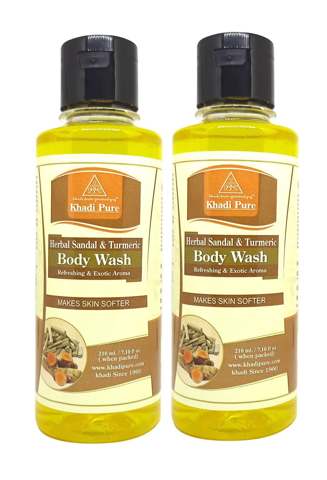 Khadi Pure Herbal Sandal & Turmeric Body Wash for Glowing Skin - 210ml (Pack of 2) | Natural Ayurvedic Cleanser for Dry & Sensitive Skin | Perfect for Daily Shower & Spa Relaxation