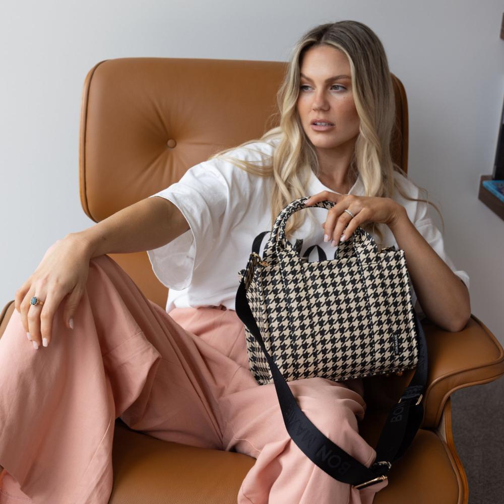 Micro Bon Vivant Structured Tote Bag - Black Houndstooth Pattern Handbag for Women | Stylish Work Bag, Travel Tote & Everyday Purse for Office, Shopping & Commute