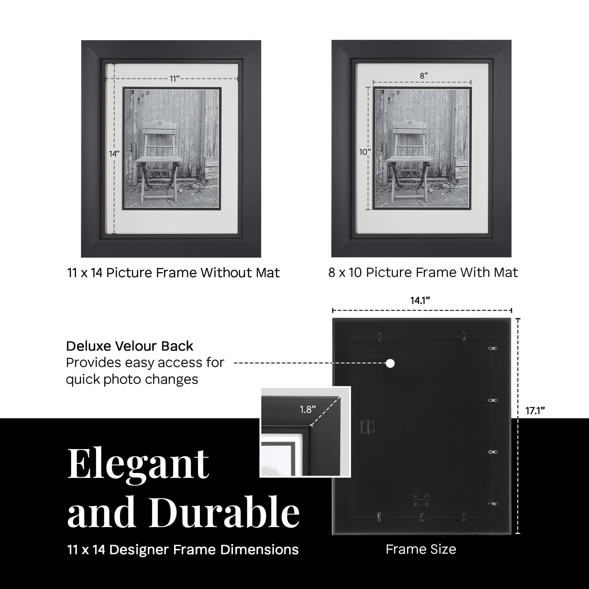 Old Town Designer Picture Frames - Set of 2 (11x14 Inches) with Velour Back & Removable 8x10 Mat - Eco-Friendly Recycled EPS & Acrylic Glass Photo Frames - Perfect for Wall Decor, Office Desk, or Home Display - Black