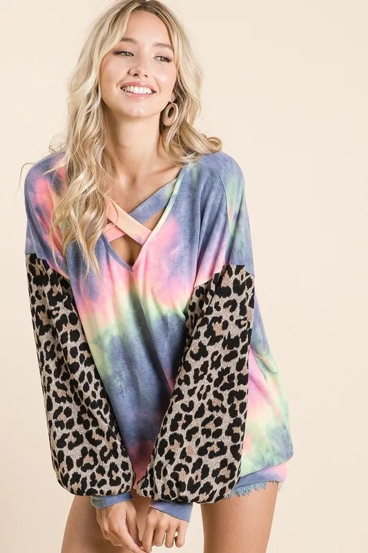 BiBi Tie Dye Terry Crop Top with Leopard Print Puff Sleeves | Trendy Women's Fashion for Summer Outfits, Music Festivals & Beach Vacations