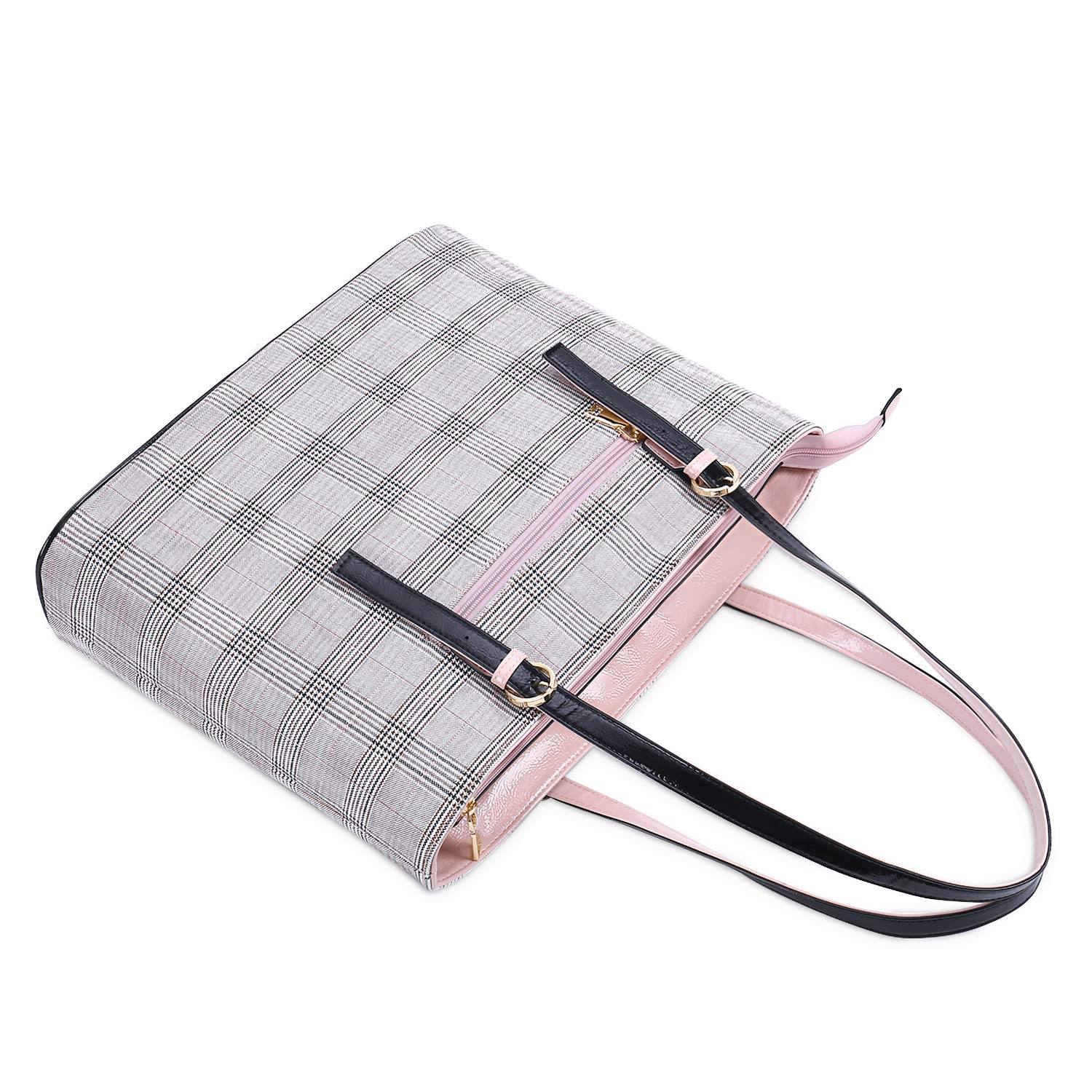 MOSISO Premium PU Leather Laptop Tote Bag for MacBook Pro 14 inch M4/M3/M2/M1 & MacBook Air/Pro 13-13.3 inch - Large Capacity Work Bag with Grid Design (MO-GID002LTBR) - Perfect for Business, Travel & Daily Commute