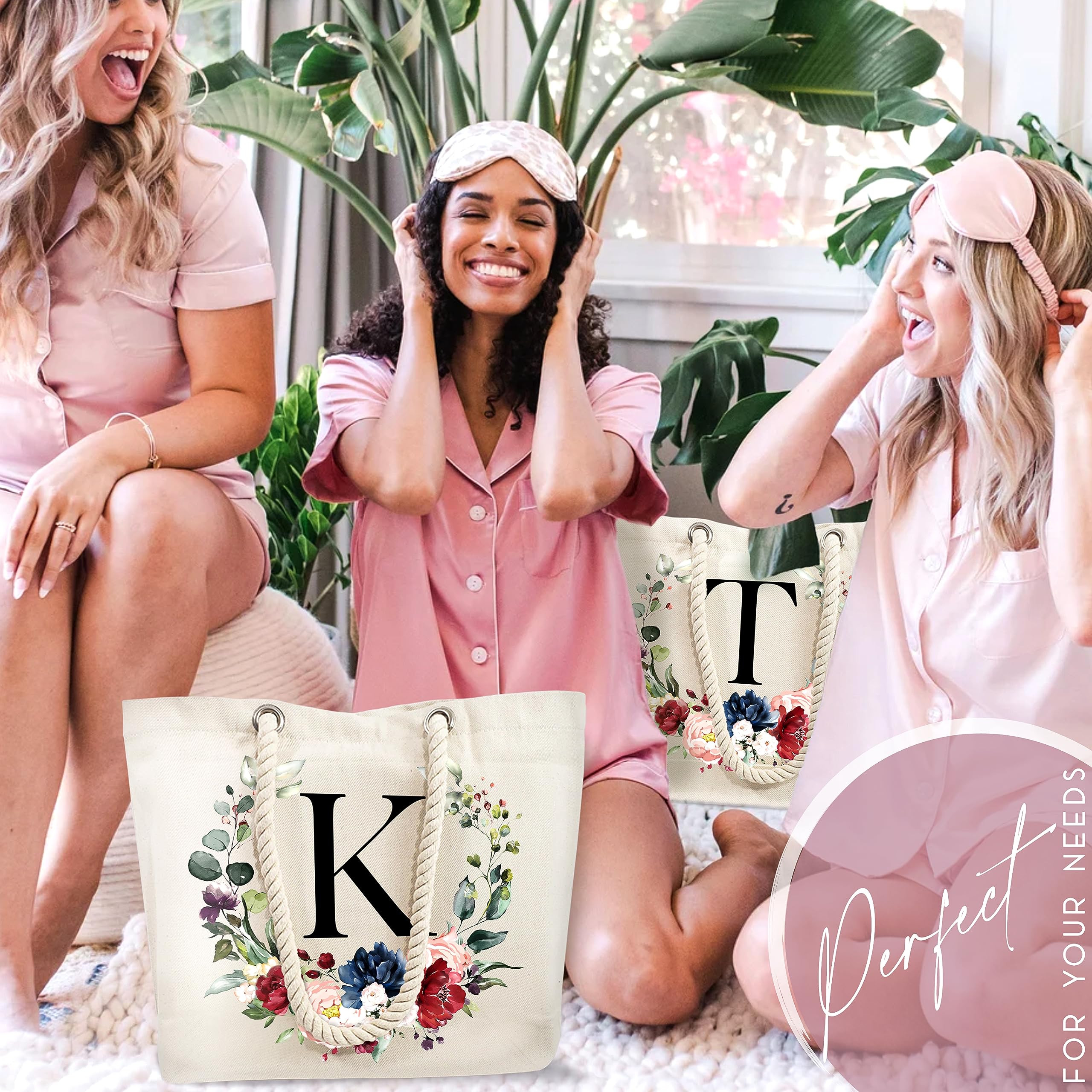Custom Monogrammed Floral Initial Cotton Canvas Beach Tote Bag - Personalized Bridesmaid Gift for Wedding, Vacation & Summer Outings