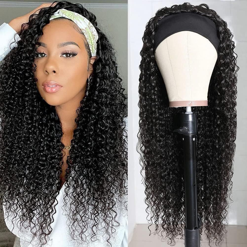 28 Inch Kinky Curly Human Hair Headband Wig for Black Women - Glueless No Lace Front Wig 150% Density (100% Human Hair) - Perfect for Daily Wear, Parties & Protective Styling