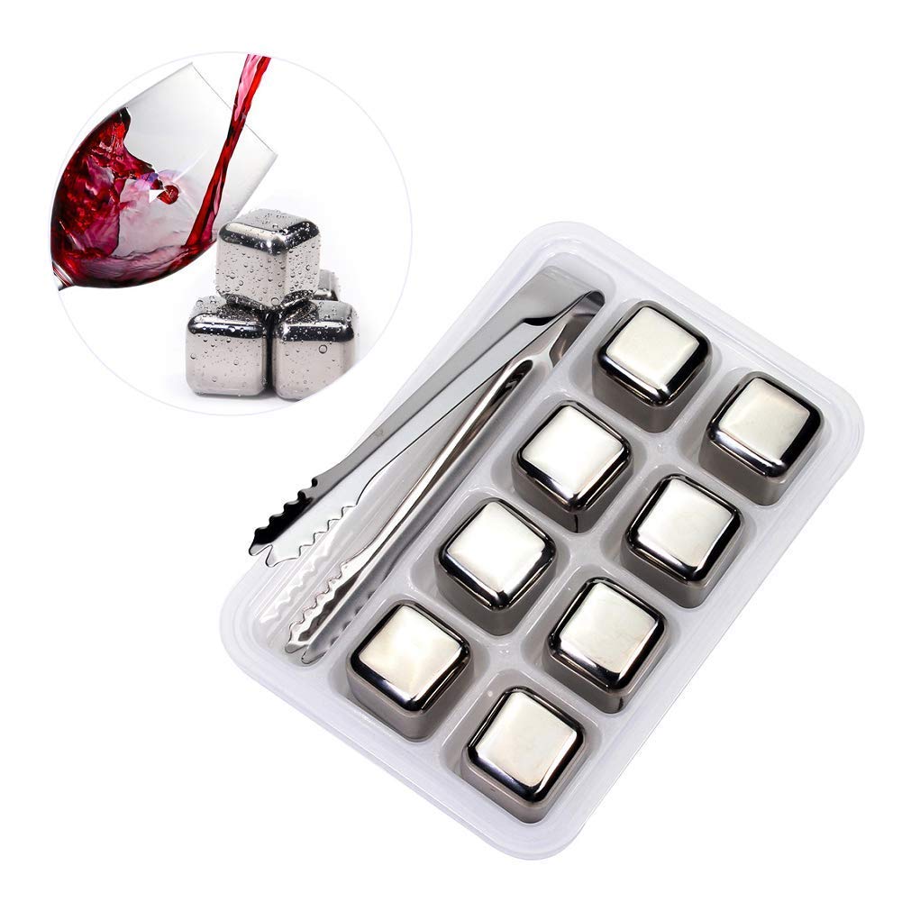 KleverKitchen Stainless Steel Whiskey Ice Cubes Set - 8 Reusable Ice Stones with Silicone Tongs & Ice Cube Trays | Perfect for Chilling Whiskey, Cocktails & Drinks Without Dilution | Great for Home Bars, Parties & Gifts