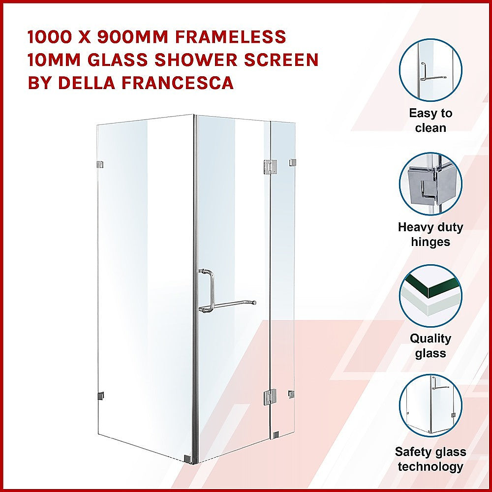 10mm Frameless Glass Shower Screen - 1000 x 900mm by Della Francesca - Perfect for Modern Bathrooms and Spa-Like Showers