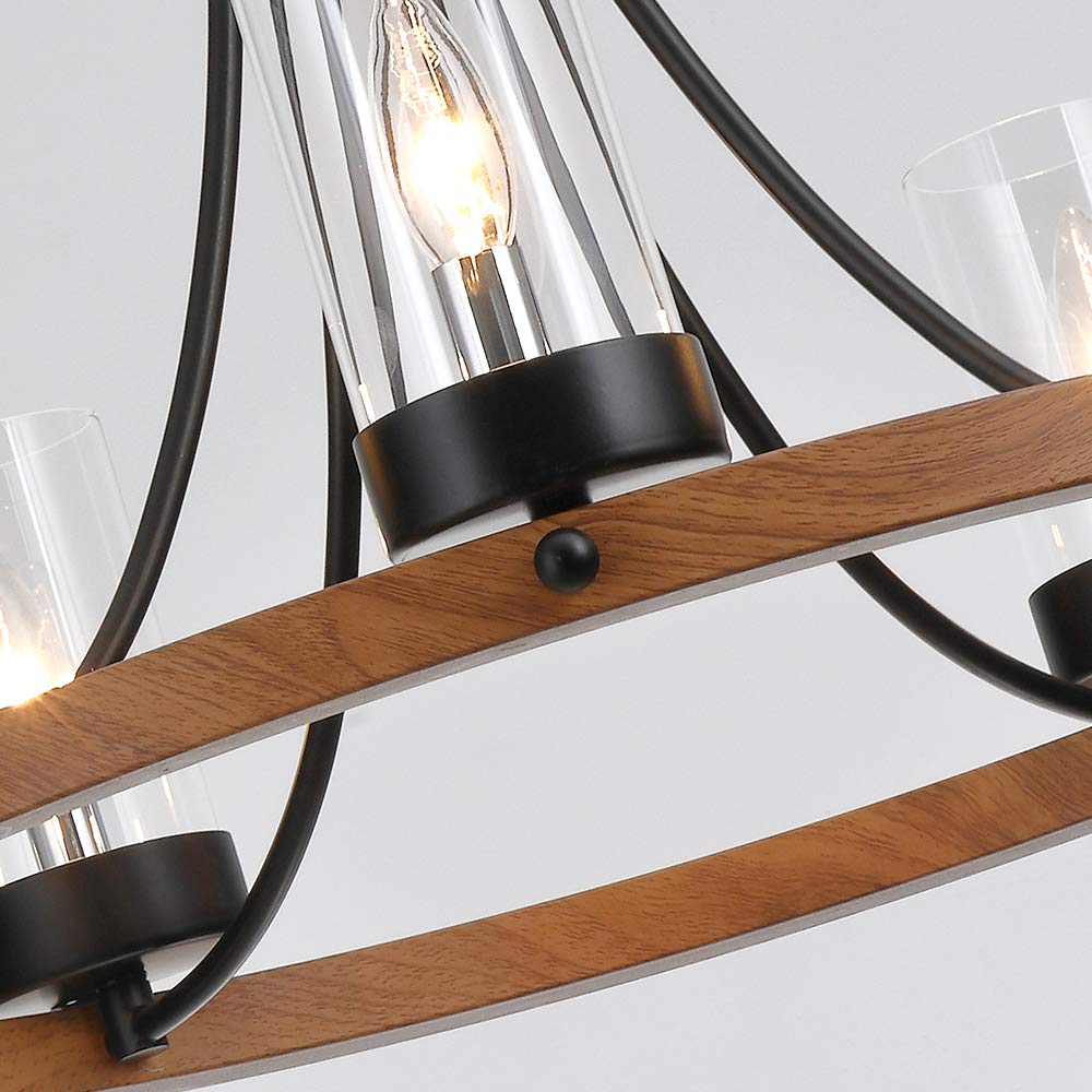 Maxax 5-Light Rustic Farmhouse Wagon Wheel Chandelier - Adjustable Wooden Ceiling Light with Clear Glass Shades, E12 Base - Perfect for Kitchen Island, Dining Room & Living Room Lighting Decor