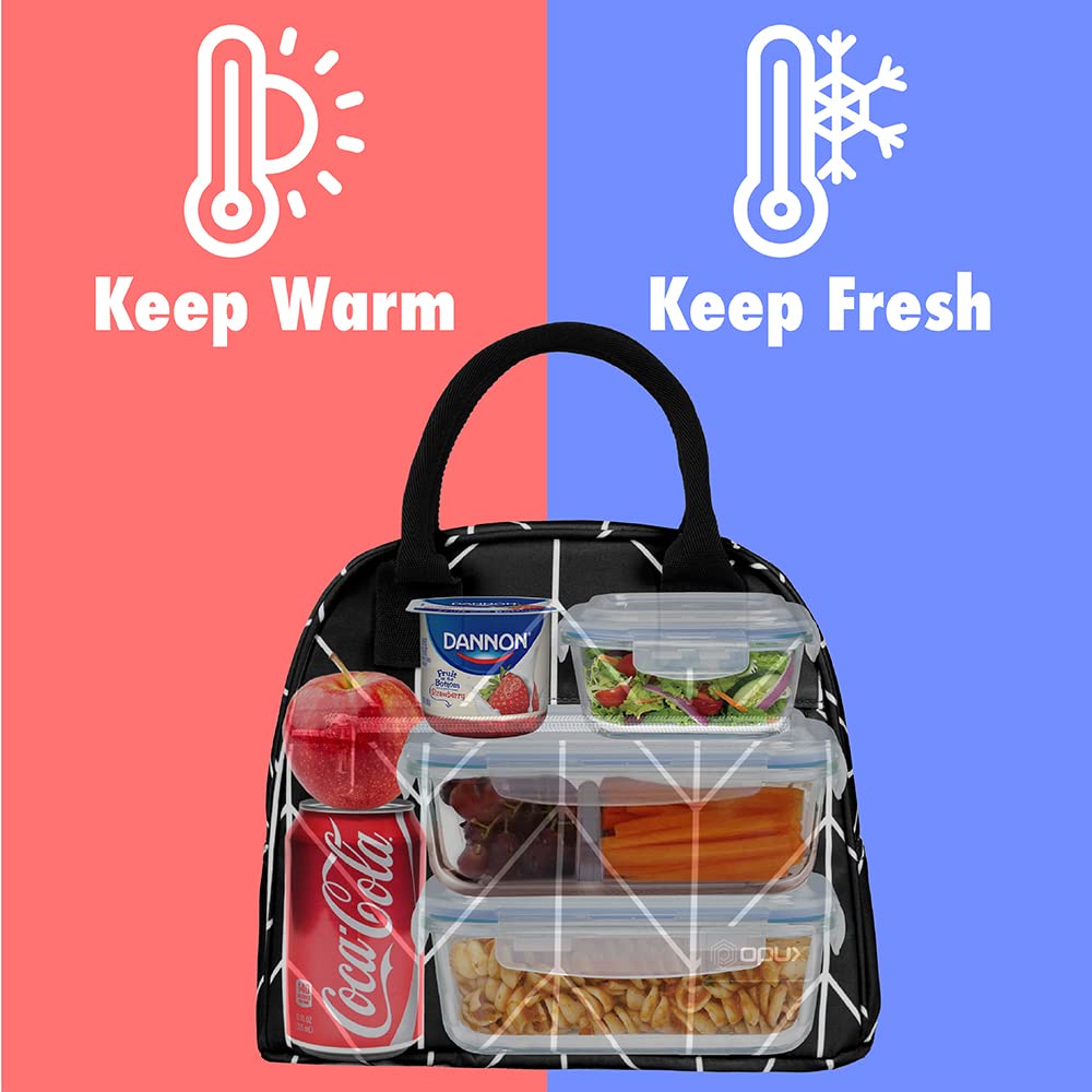 Opux Insulated Lunch Box for Women & Girls - Cute Soft Thermal Lunch Bag for Kids, Teens & Adults - Reusable Food Cooler for Work, School, Meal Prep & Travel - Beach Picnic Organizer - Black Chevron Design