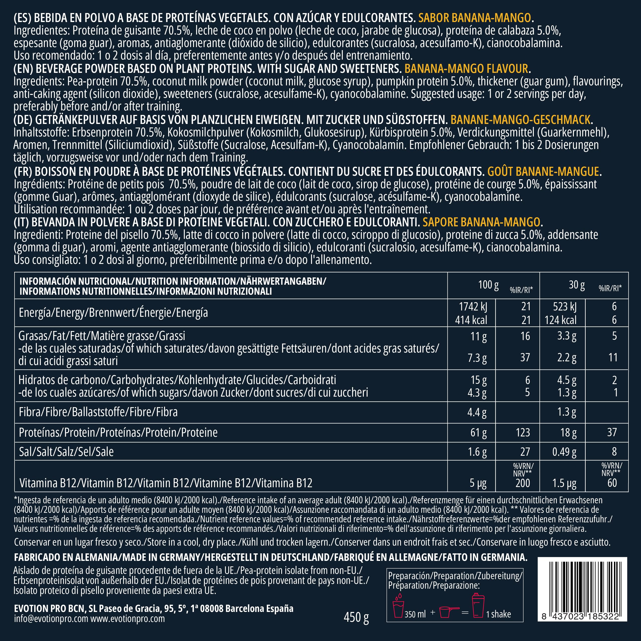 EVOTION PRO Vegan Protein Powder 450g - 18g Plant-Based Protein, 3g BCAAs - Pea, Pumpkin & Coconut Milk Protein - Lactose Free, Gluten Free - Banana Mango Flavor (15 Servings) - Perfect for Post-Workout Recovery & Smoothies
